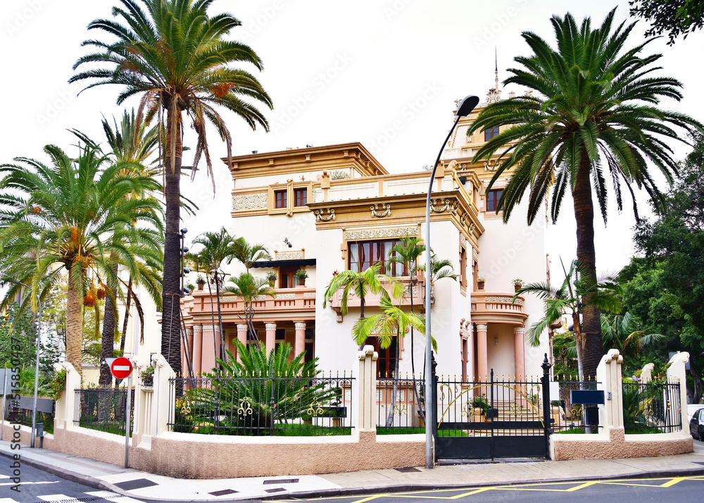 Beautiful old house or building, art nouveau style, in a residential area of Santa Cruz de Tenerife, Canary Islands, Spain.