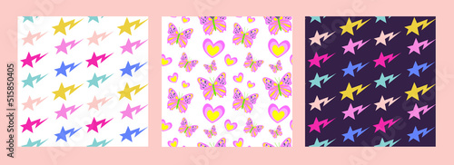 Retro hipster y2k aesthetic Textile Seamless Pattern set. Cute Glamorous style with srats and butterflyes