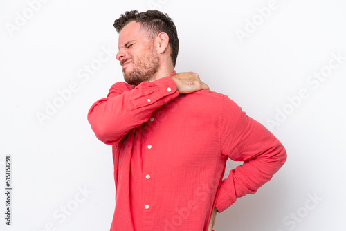 Young Brazilian man isolated on white background suffering from pain in shoulder for having made an effort