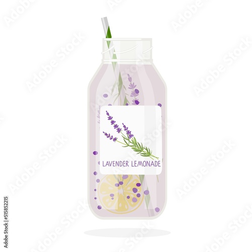 Lavender Lemonade bottle with drinking straw and label. Summer drinks for freshness party. Healthy Fresh energetic drink. Isolated vector on white background. Card or poster with lemonade fasting