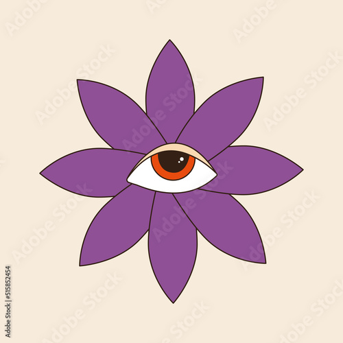 Retro groovy flower with one eye. 60s and 70s vibes psychedelic vector clipart. Cartoon future prediction symbol. Vintage boho illustration. Abstract trippy art