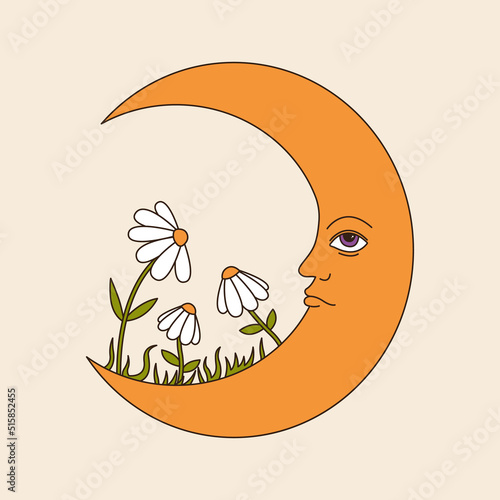 Retro groovy crescent with flowers. 60s and 70s vibes psychedelic vector clipart. Cartoon hippie half moon. Vintage boho illustration. Abstract trippy art