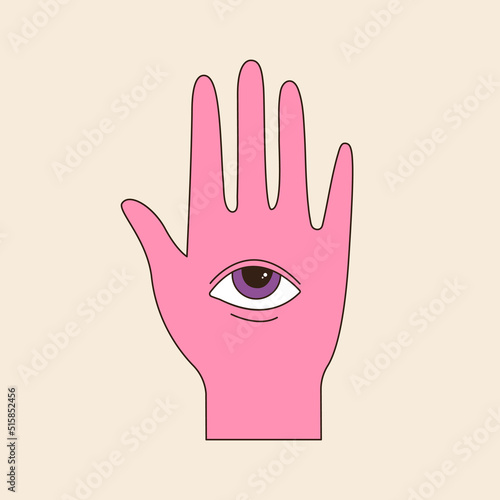 Retro groovy hand with one eye. 60s and 70s vibes psychedelic vector clipart. Cartoon future prediction symbol. Vintage boho illustration. Abstract trippy art