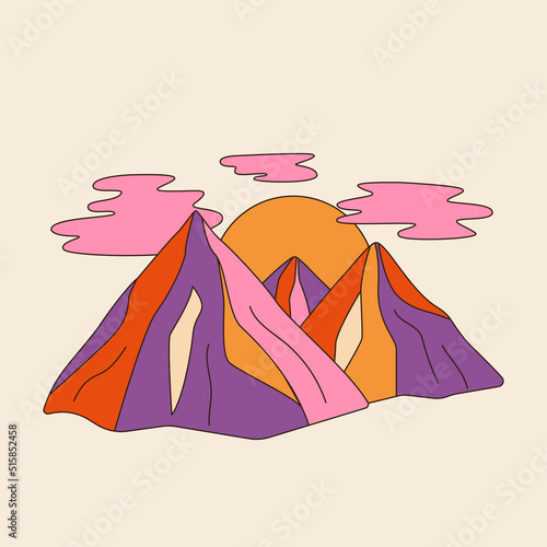 Retro groovy colorful mountains and clouds. 60s and 70s vibes psychedelic vector clipart. Cartoon hippie landscape. Vintage boho illustration. Abstract trippy art