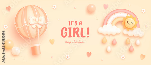 Baby shower horizontal banner with cartoon hot air balloon, rainbow, sun, helium balloons and flowers on beige background. It's a girl. Vector illustration