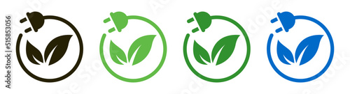Plug leaf green energy icons design vector. Electric renewable power charge button symbol illustration.