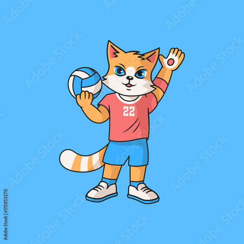 Cute red cat practicing volleyball. Cartoon vector character for children