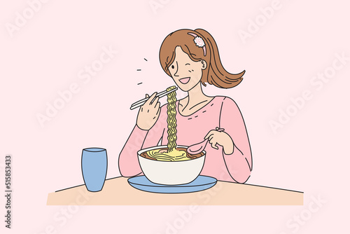 Girl with ponytail hairstyle eat noodles in the bowl flat vector cartoon illustration pink color