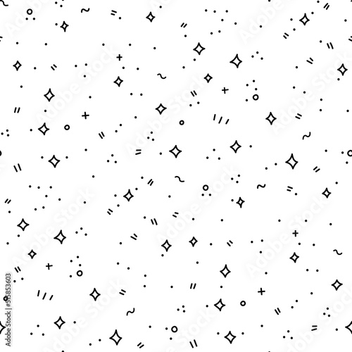 Simple doodle particles clutter. Black and white seamless pattern with sparkles, dots and lines. Use as filler, background, design element.