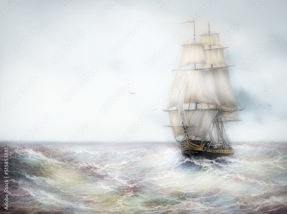 Fototapeta premium Old ship in the sea. Paintings sea landscape