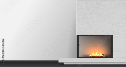 Modern fireplace with burning flame in stylish minimalist interior realistic vector illustration