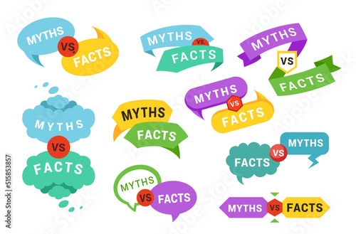 Myths vs facts set versus battle isometric vector illustration. True or false speech bubbles pointer photo