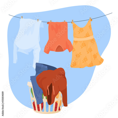 Washed wet linen in basket and hanging on rope vector flat illustration