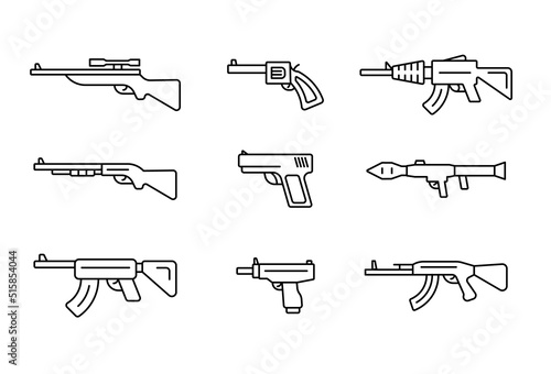 Weapons line icons set on white background. Editable stroke