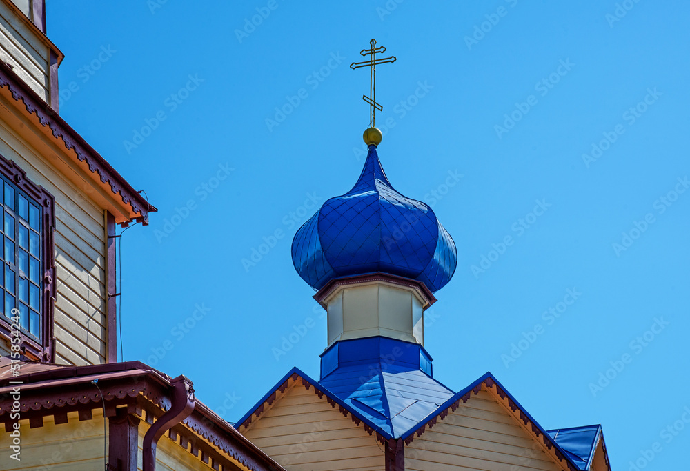 General view and architectural details in a close-up of the temple, the Orthodox Church of St. James in the village of Łosinka in Podlasie, Poland, built in 1886.