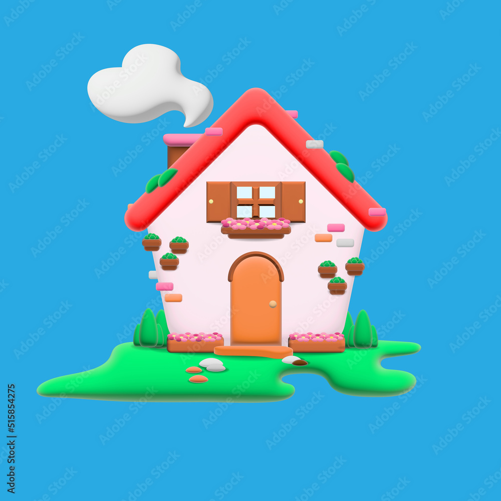Fototapeta premium 3d rendered cute and mini pink house graphic on blue