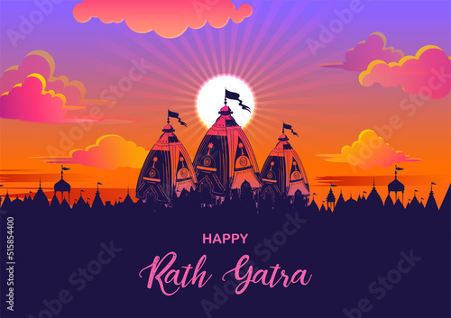 Lord Jagannath, Balabhadra and Subhadra on annual Rathayatra festival in Odisha background with text in Hindi meaning Chariot festival