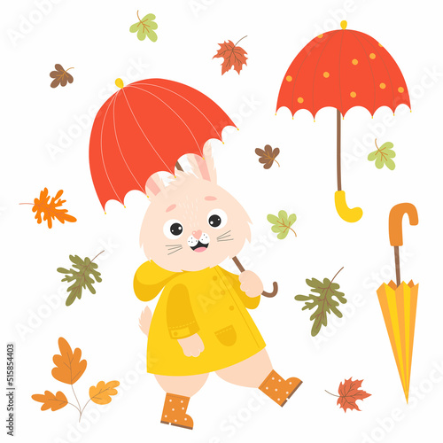 Autumn set with cute rabbit in raincoat and rubber boots under an umbrella and falling autumn leaves. Vector illustration. Isolated elements. Autumn character bunny for cards, design, decor and print.