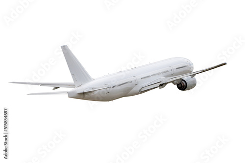 Wide body passenger airliner flying isolated on white background