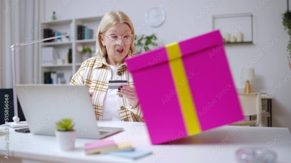 Surprised woman receiving a present, fast delivery, stop motion, ecommerce Surprised woman receiving a present, fast delivery, stop motion, ecommerce