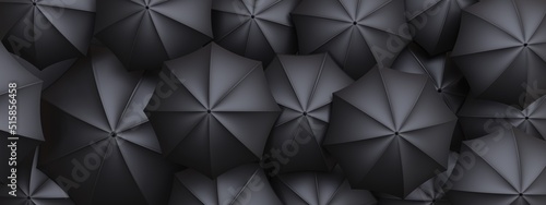 Black umbrellas background. Rain protection for crowd concept. Top view, banner. 3d render © Rawf8