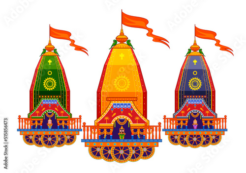 Lord Jagannath, Balabhadra and Subhadra on annual Rathayatra in Odisha festival background