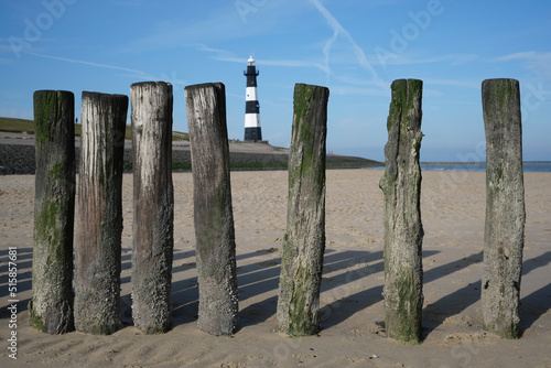 Pier with wooden posts at the North Sea coast in the province of Zeeland, The Netherlands photo