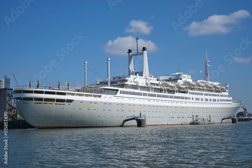 ROTTERDAM, NETHERLANDS - View of the SS Rotterdam, a grande dame historic ocean liner and cruise ship, now a hotel ship in Rotterdam, Netherlands.