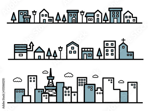 家やビルの街並みのイラストセット