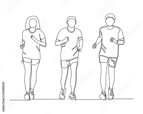 Continuous line of 3 runners run together. Group of runner running in competition concept vector.