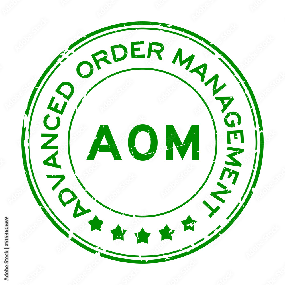 Grunge green AOM (Abbreviation of Advanced order management, add on module or assistant operation manager) word round rubber seal stamp on white background Grunge green AOM (Abbreviation of Advanced order management, add on module or assistant operation manager) word round rubber seal stamp on white background