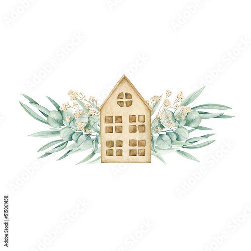 Watercolor illustration with wood house and eucalyptus leaves. Isolated on white background. Hand drawn clipart. Perfect for card, postcard, tags, invitation, printing, wrapping.