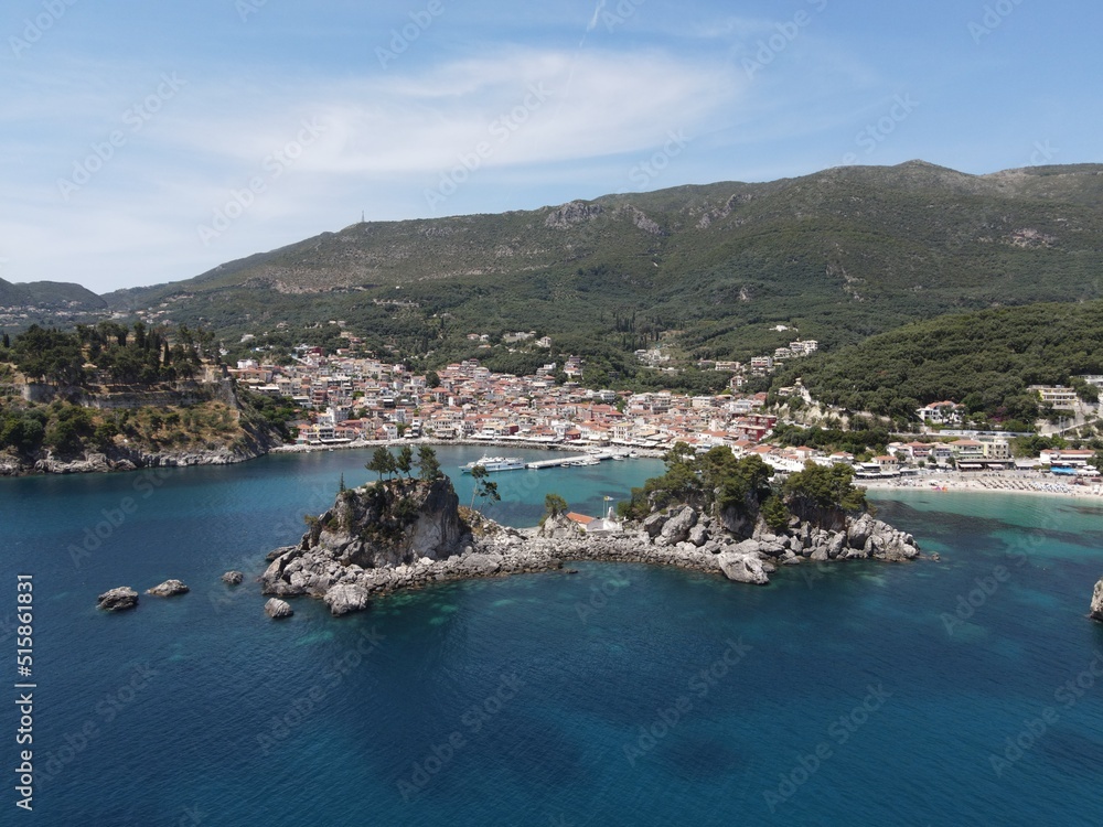 Parga the greek caribbean in preveza, famous Traditional tropical destination vacation summer tourist attraction with the deep blue ocean of ionian sea greece