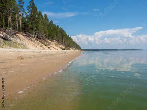 Fototapeta Naklejka Na Ścianę i Meble -  Forest on the sandy shore with the sandy beach of the Onega Lake in a calm weather summer on a sunny day. Karelia, Northwest Russia