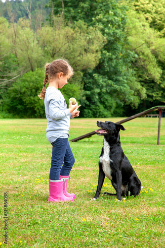Cute little girl training her black female dog from dog shelter in summer in park