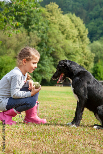 Cute little girl training her black female dog from dog shelter in summer in park