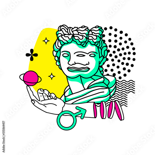 Psychedelic surreal colorful greek bust, ancient sculpture with cosmos in hands. Weird Y2K style collage. Cartoon vector illustration in trendy psychedelic trippy style.