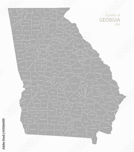 Highly detailed gray map of Georgia, US state. Georgian editable administrative map with territory borders and counties names labeled vector illustration