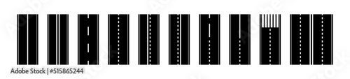 Straight asphalt roads set. Highway traffic with white markings. Roadway trip symbol collection. Vector isolated on white.