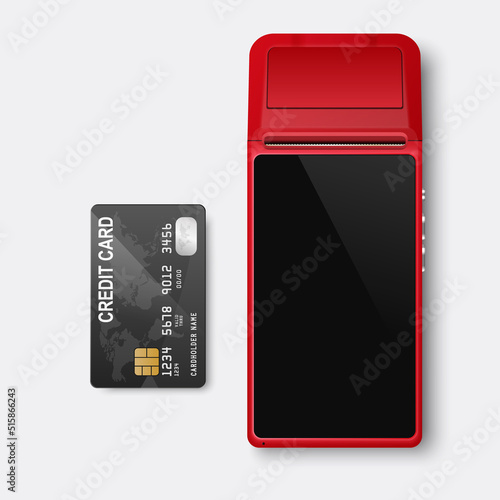 Vector 3d Red NFC Payment Machine and Credit Payment Card Isolated. Wi-fi, Wireless Payment. POS Terminal, Machine Design Template of Bank Payment Contactless Terminal, Mockup. Top VIew