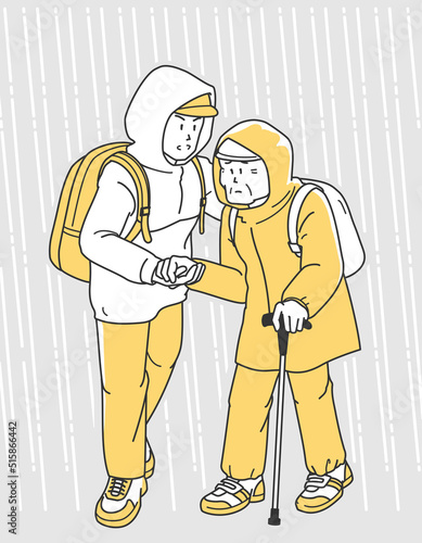 水害時に高齢者を介助して避難する男性のイラスト