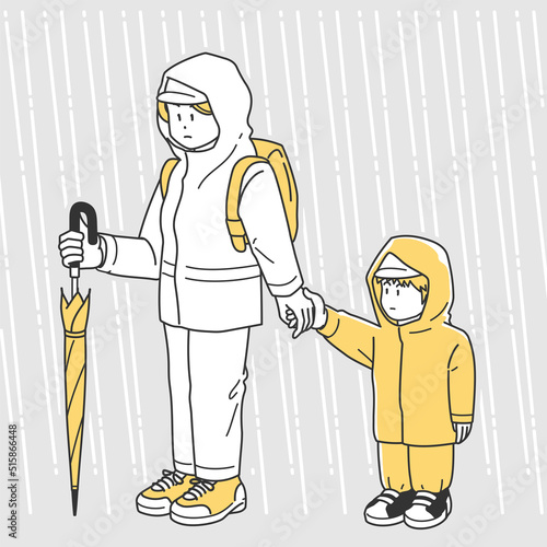 水害時に子供の手を引いて避難する女性のイラスト