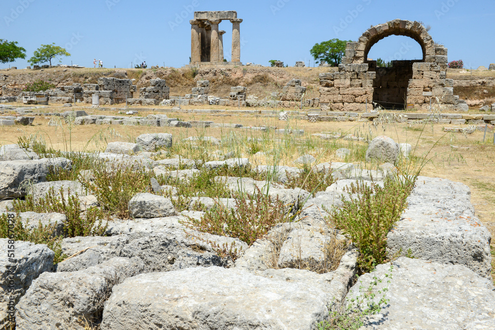 View at the archeolgical site of ancient Corinth in Greece