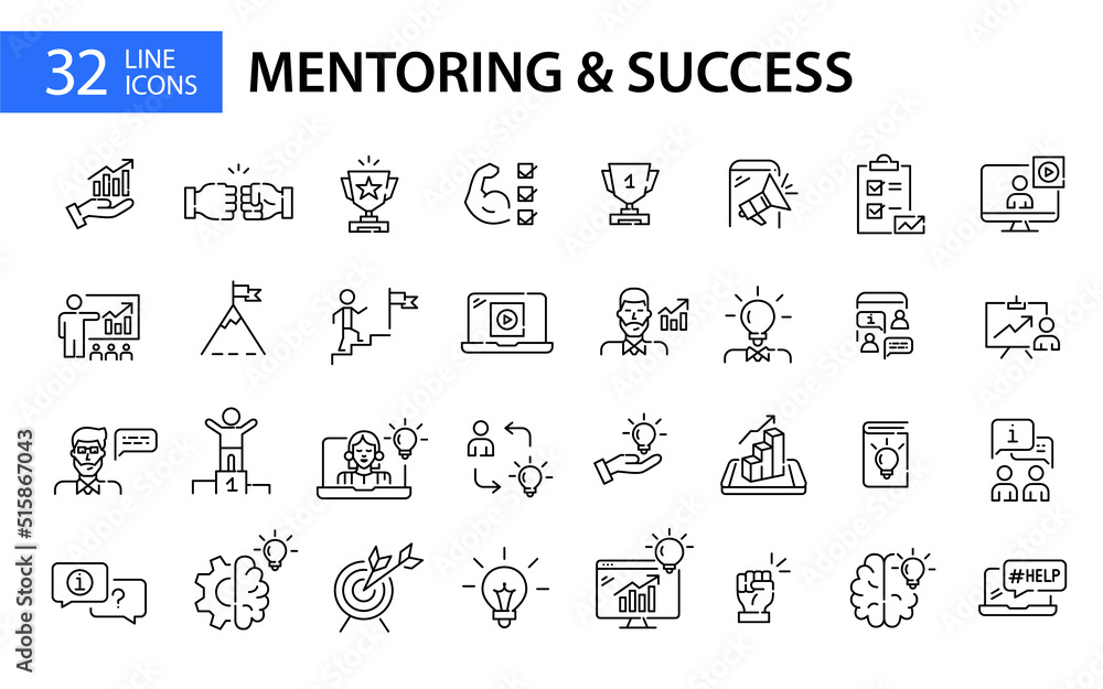 Set of 32 mentoring, coaching and success strategies icons. Pixel perfect, editable stroke - obrazy, fototapety, plakaty 