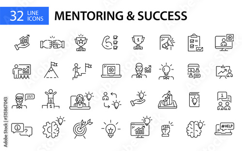 Set of 32 mentoring, coaching and success strategies icons. Pixel perfect, editable stroke