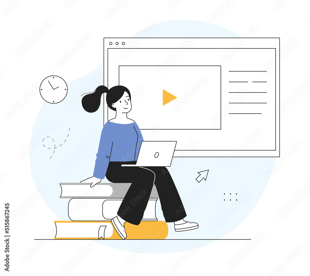 Distance education concept. Young woman with laptop watching online webinar or lesson on internet. Student sits on books and prepares project. Cartoon flat vector illustration in doodle style
