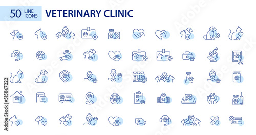 Animal clinic veterinary hospital line art mega set. 50 Pixel perfect, editable stroke icon photo