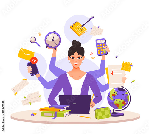 Multitasking, personal productivity. A multitasking business woman at a laptop, busy working in the office. A busy girl who has a lot of hands to do multiple tasks at the same time. Freelance worker. 