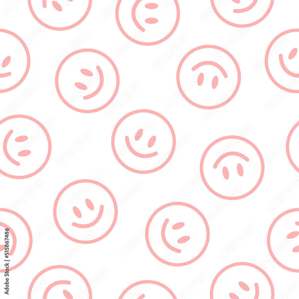 Seamless pattern with pink outline happy faces.