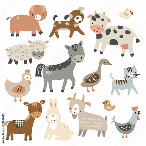 Farm animals set in flat style isolated on white background. Vector illustration. Cute cartoon animals collection: sheep, goat, cow, donkey, horse, pig, cat, dog, goose, chicken, hen, rooster